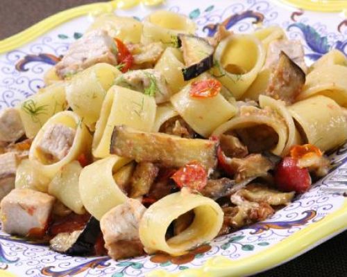 Calamari Pasta with Swordfish and Eggplant